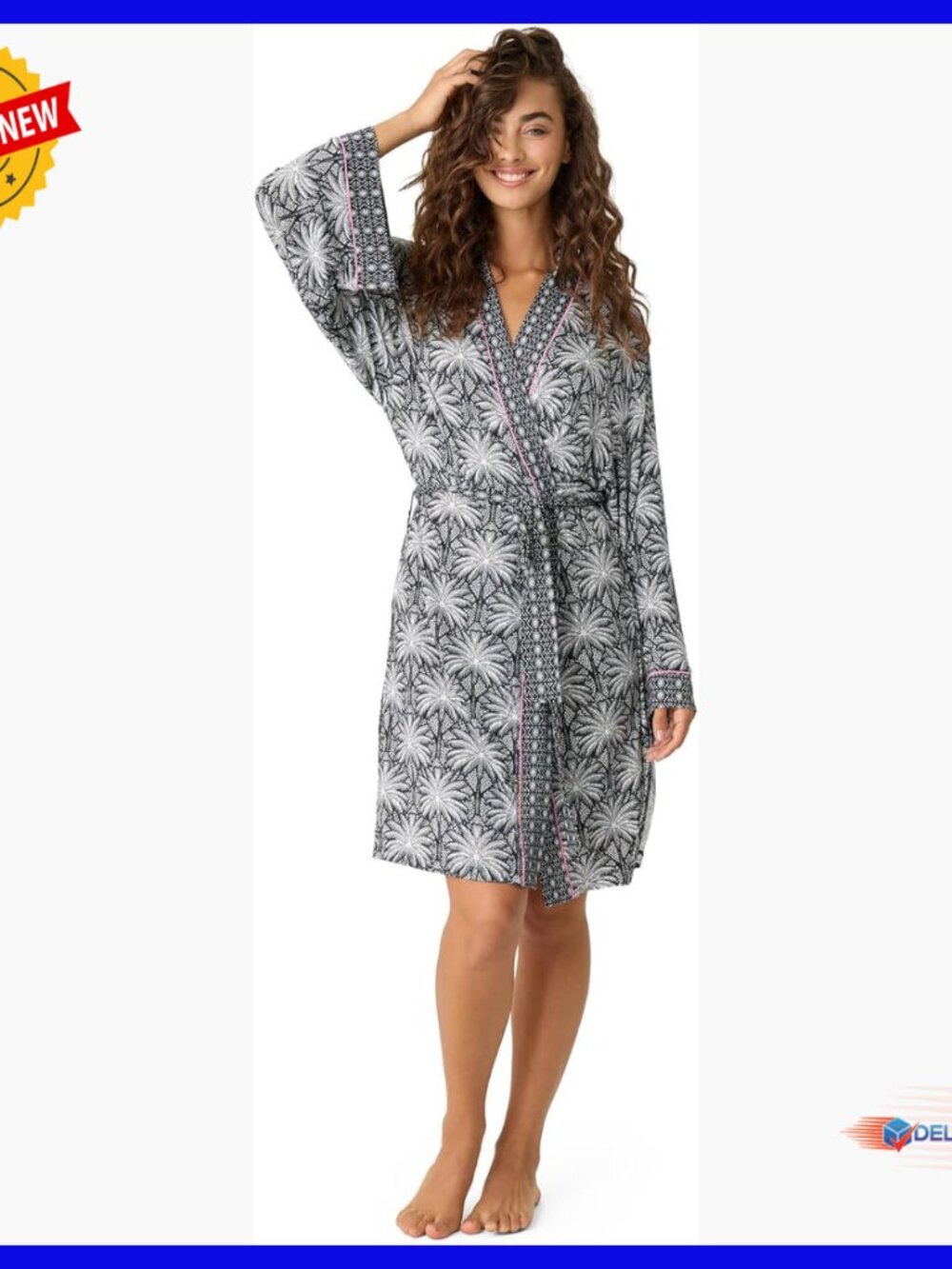 Belted Tropical Print Robe with Side Slits and Piping